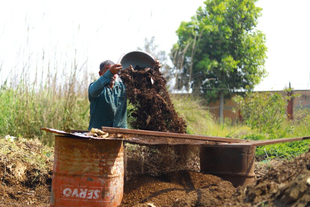 Gardener in India turning organic compost out of a barrel